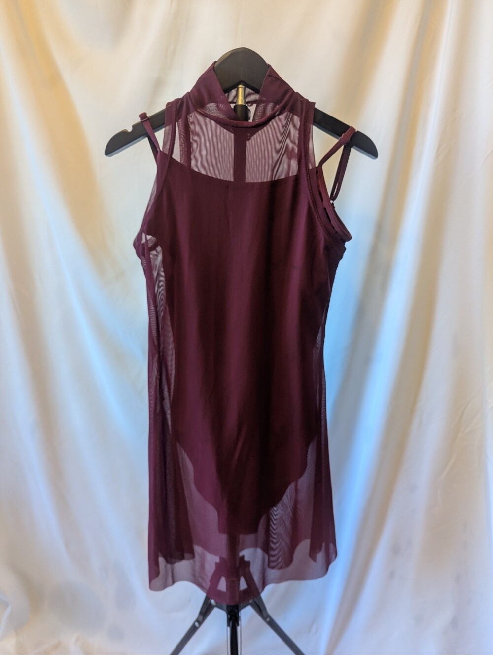 Sleeveless Burgundy Mesh Overlay Dance Costume